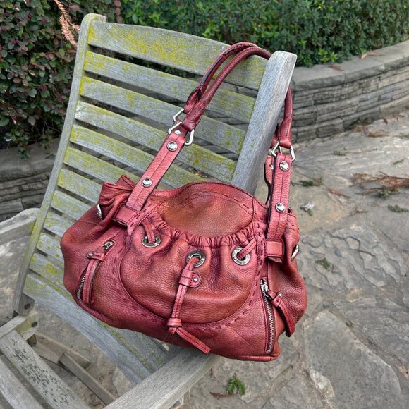 B Makowsky Lisbon Brown Red Drawstring Pocket Hobo Bag Satchel - Picture 13 of 16